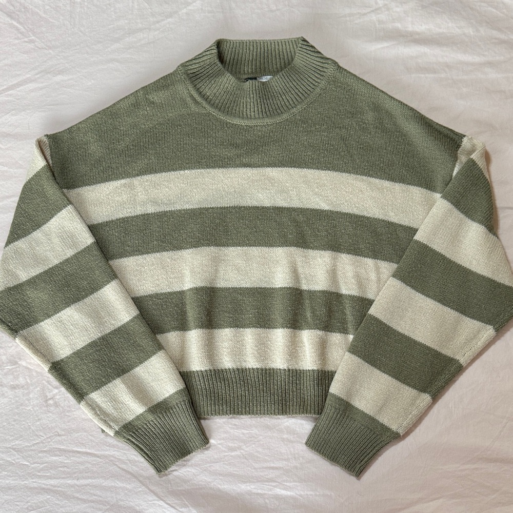 H&M Olive and Cream Striped Turtleneck Sweater